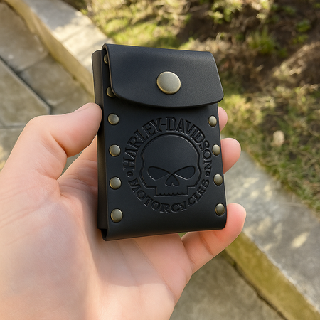 Porte-cartes Harley personnalisable en cuir – Gravure tête de mort & fixation ceinture